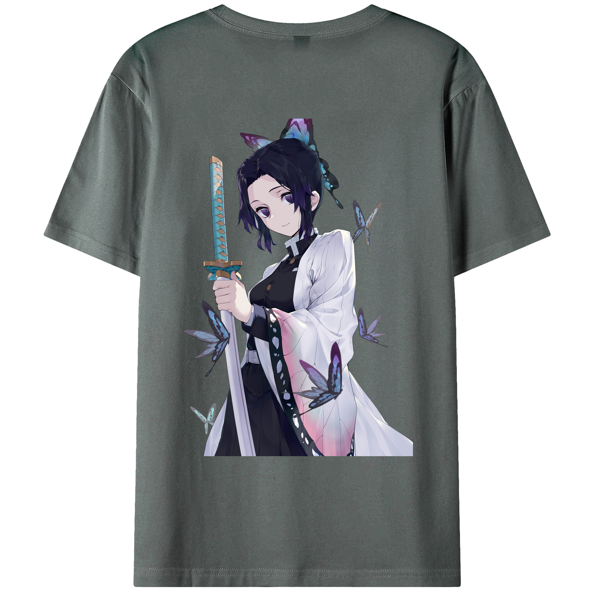 （画像用） 鬼滅の刃（きめつのやいば）蟲柱-胡蝶 しのぶ／こちょう しのぶ Kochou Shinobu 綿100％ メンズ半袖Tシャツ（バックプリント） 通気性